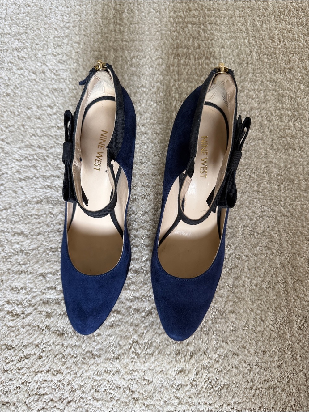 Nine West Navy Suede T-Strap Pumps with Bow Accent